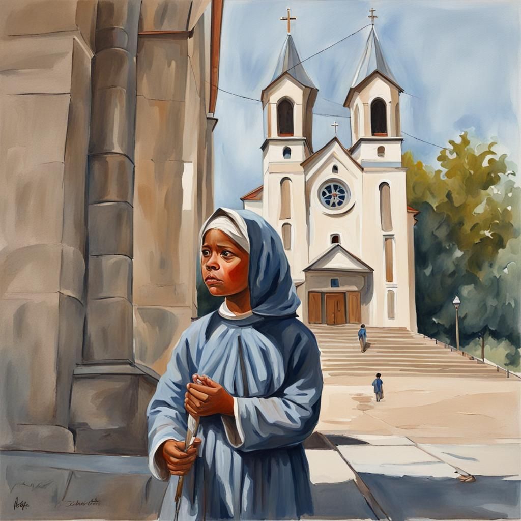 Detailed Gouache Painting of Blind Girl Begging