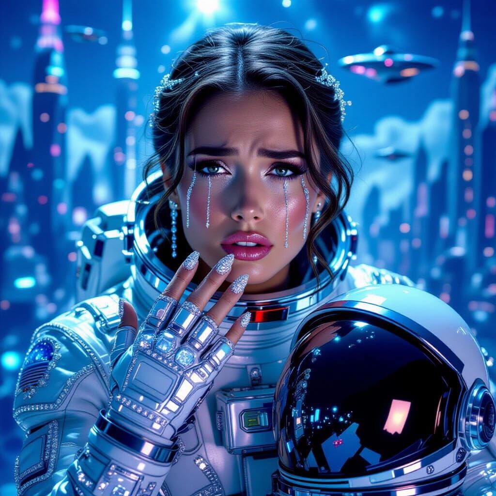 girl surrounded by shimmering sequins and glittering diamond...