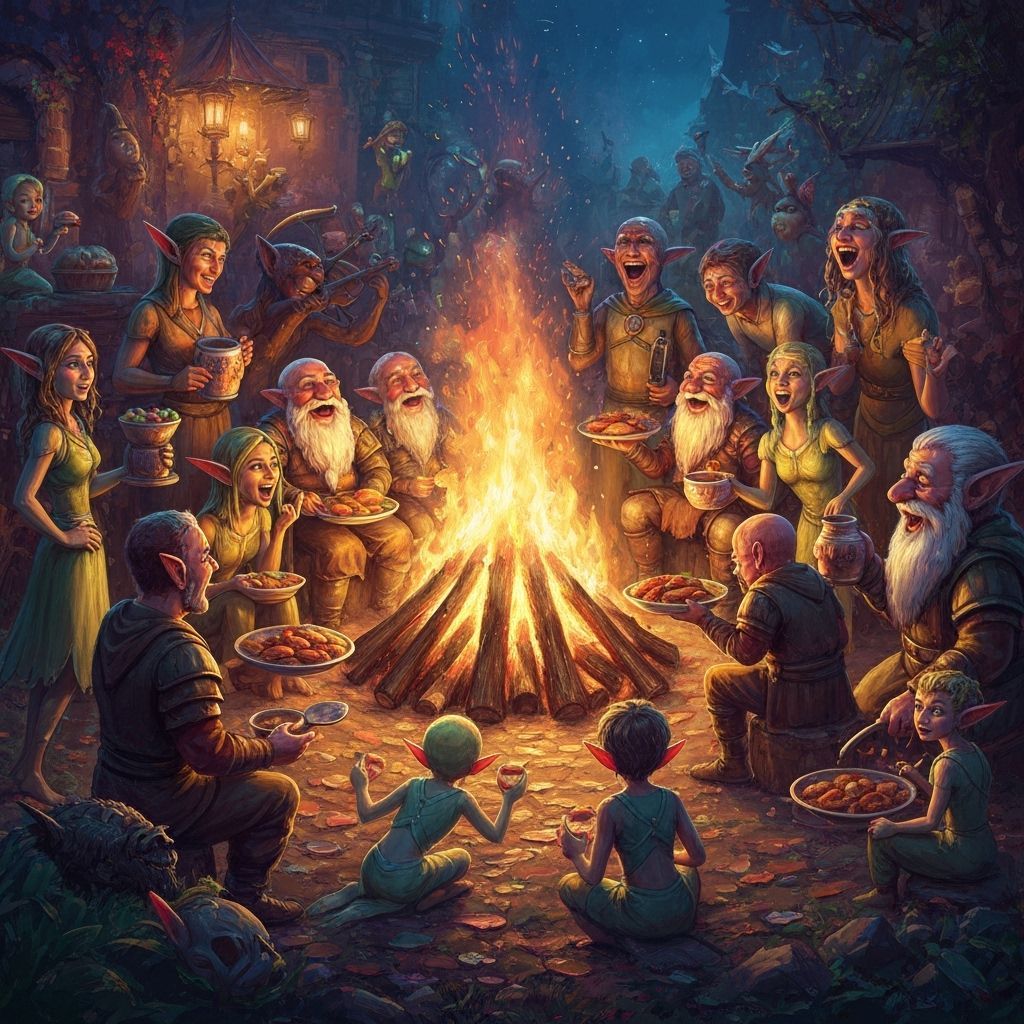 Fantasy Creatures Share Stories by Bonfire
