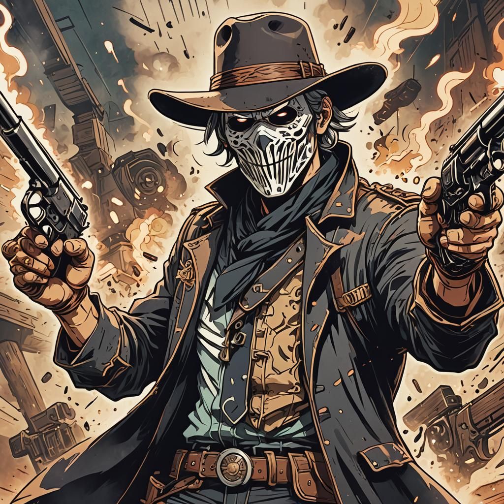 Masked Gunslinger in Anime Style with Explosive Colors