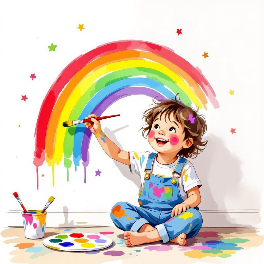Child Artist Paints a Whimsical Rainbow on a Wall