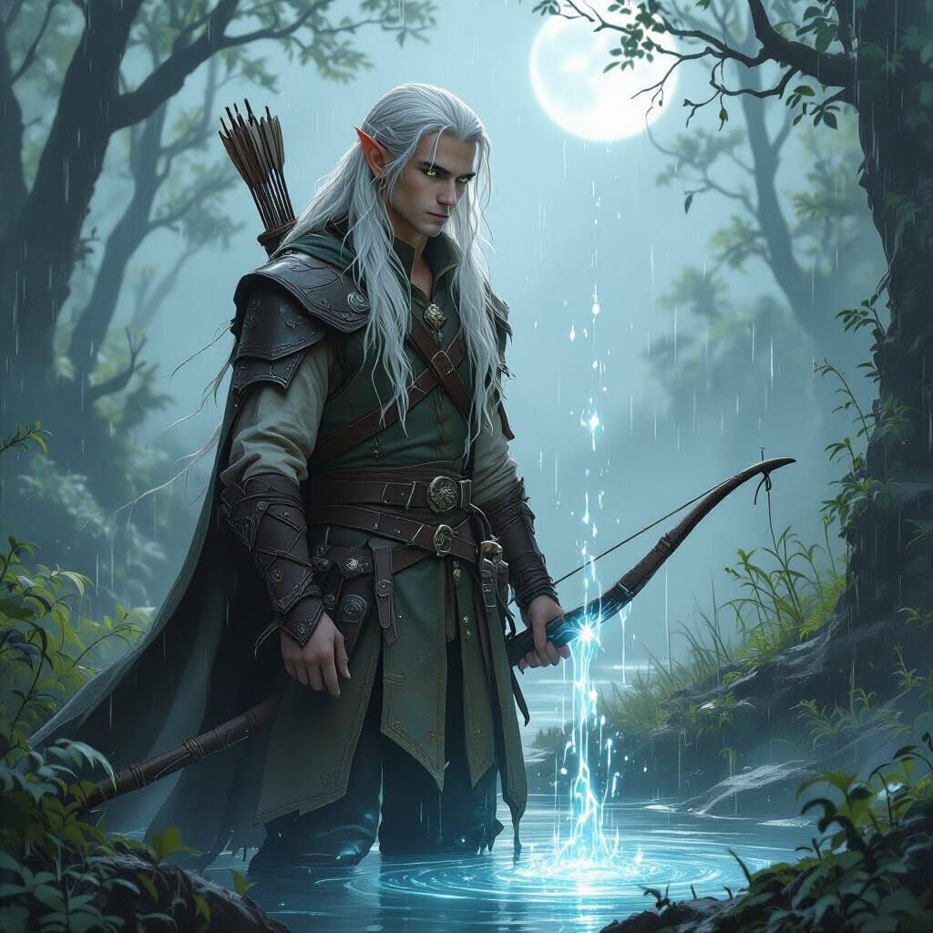 Elf Gazing at Starlight Pool in Misty Forest