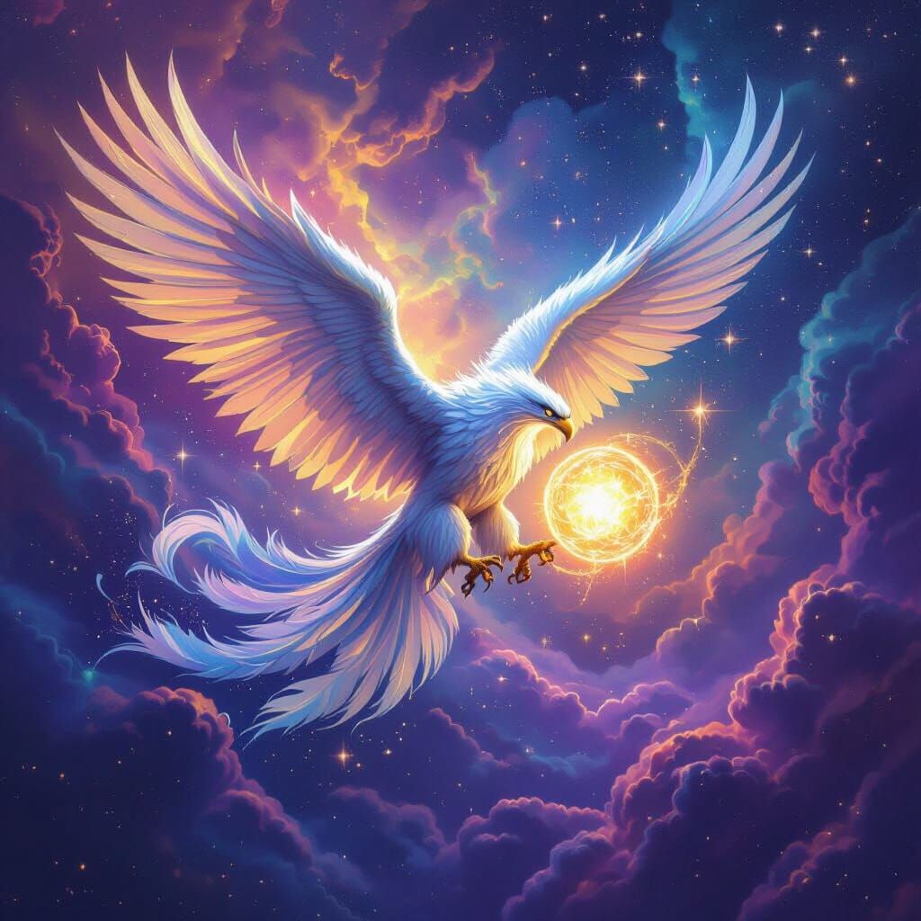 Griffin Soaring Through Nebula in Cosmic Surrealism