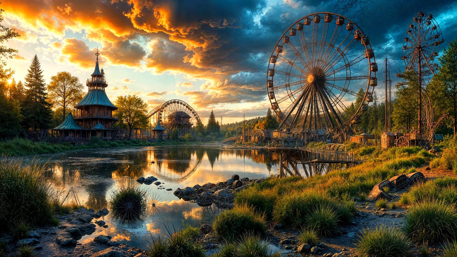 Abandoned Amusement Waterpark at Sunset