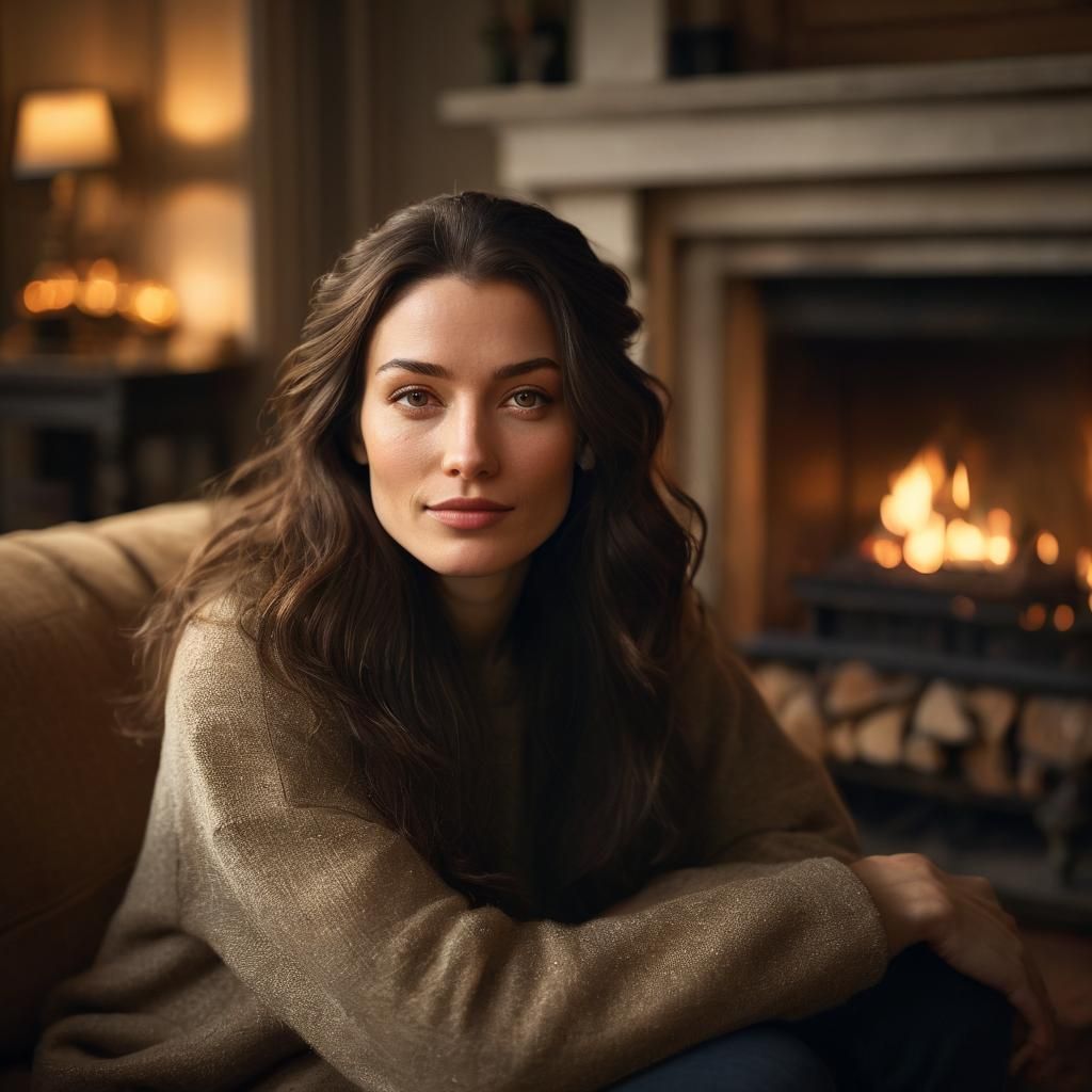 Warm Portrait of Brunette by Fireplace in Golden Light