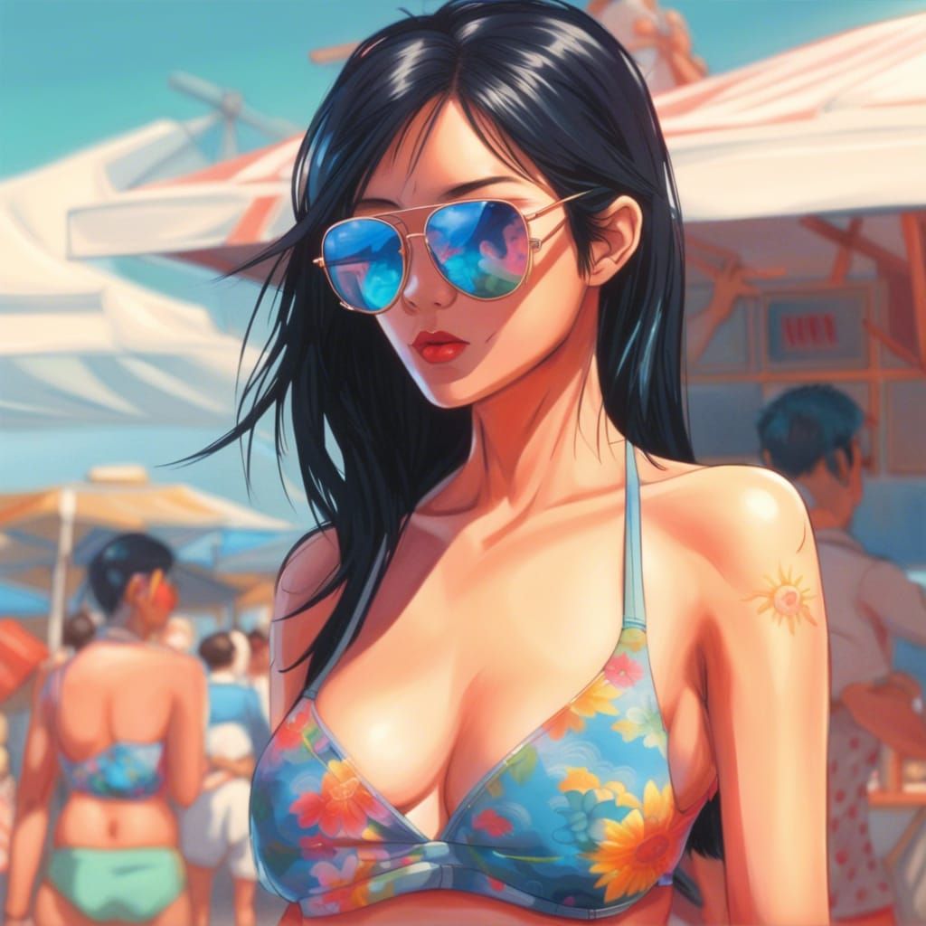 Anime Woman in Bikini: 80s Neon Summer Art