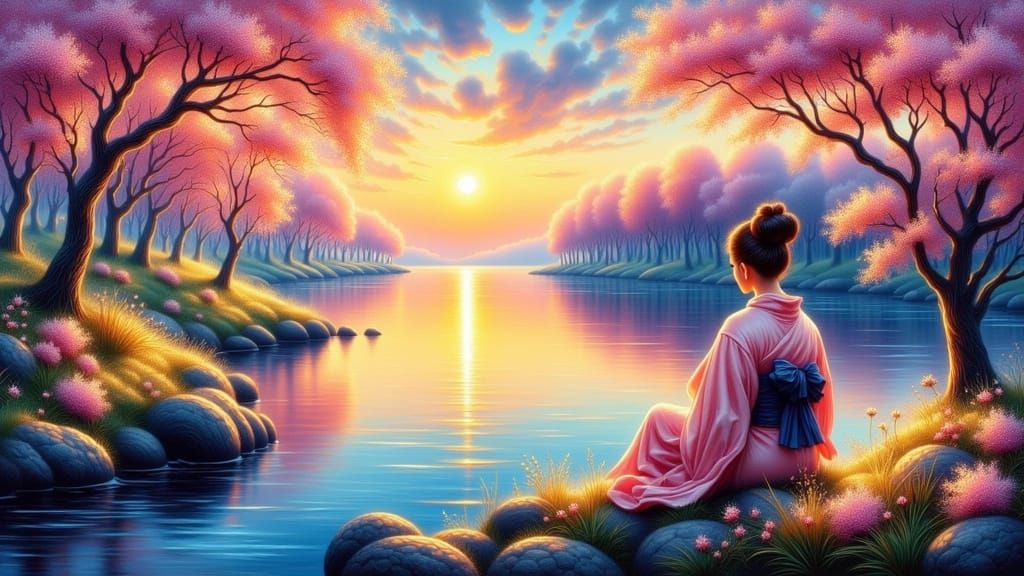 Japanese Woman in Kimono, Impressionistic Spring Bloom