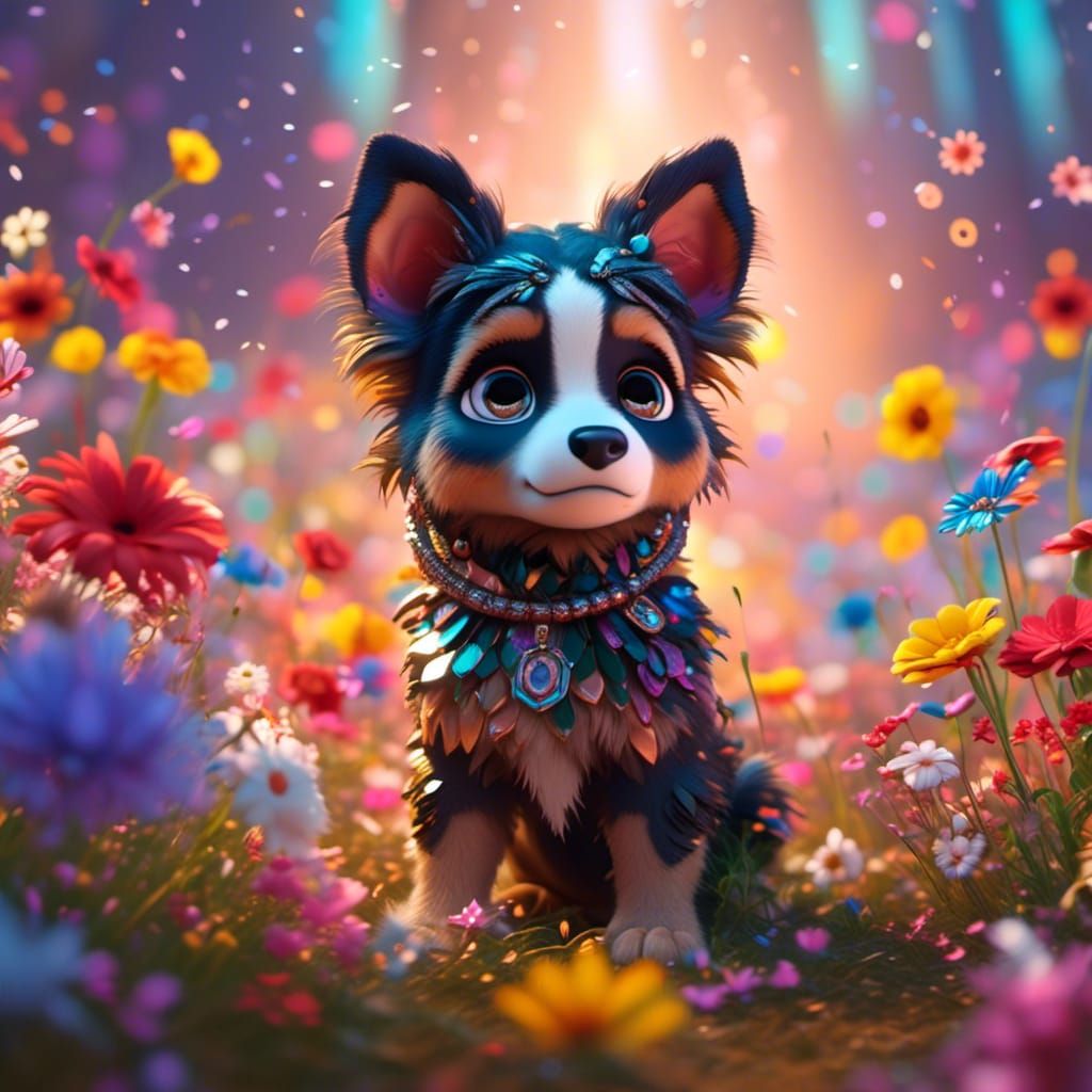 Sparkling Australian Shepherd Puppy in 3D Digital Art