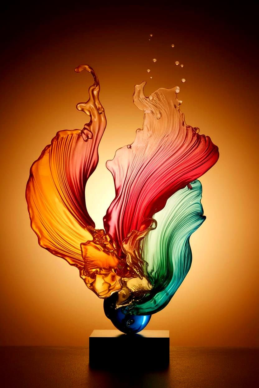 Sculpture of Vibrant Water and Glass in Golden Sunset