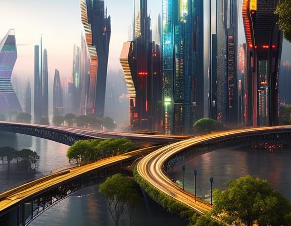 Futuristic Eco-City: Hyperrealistic Sci-Fi Cyberpunk Paintin...