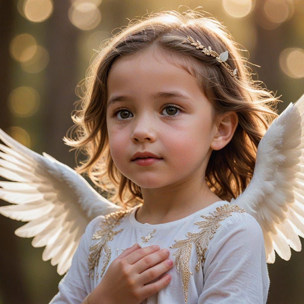 Child Flies with Delicate Dove Wings in Warm, Golden Light