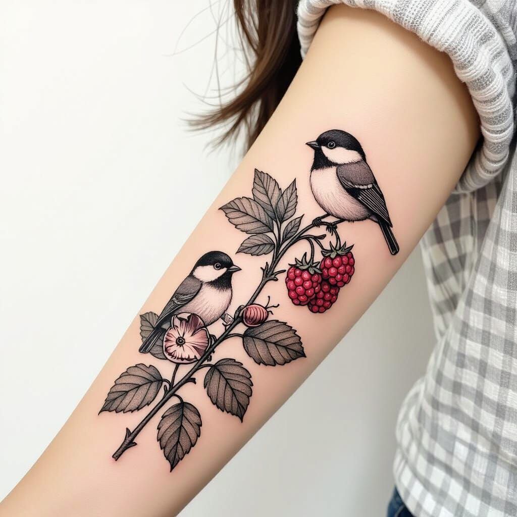 Grayscale Tattoo of Raspberry Bush and Animals