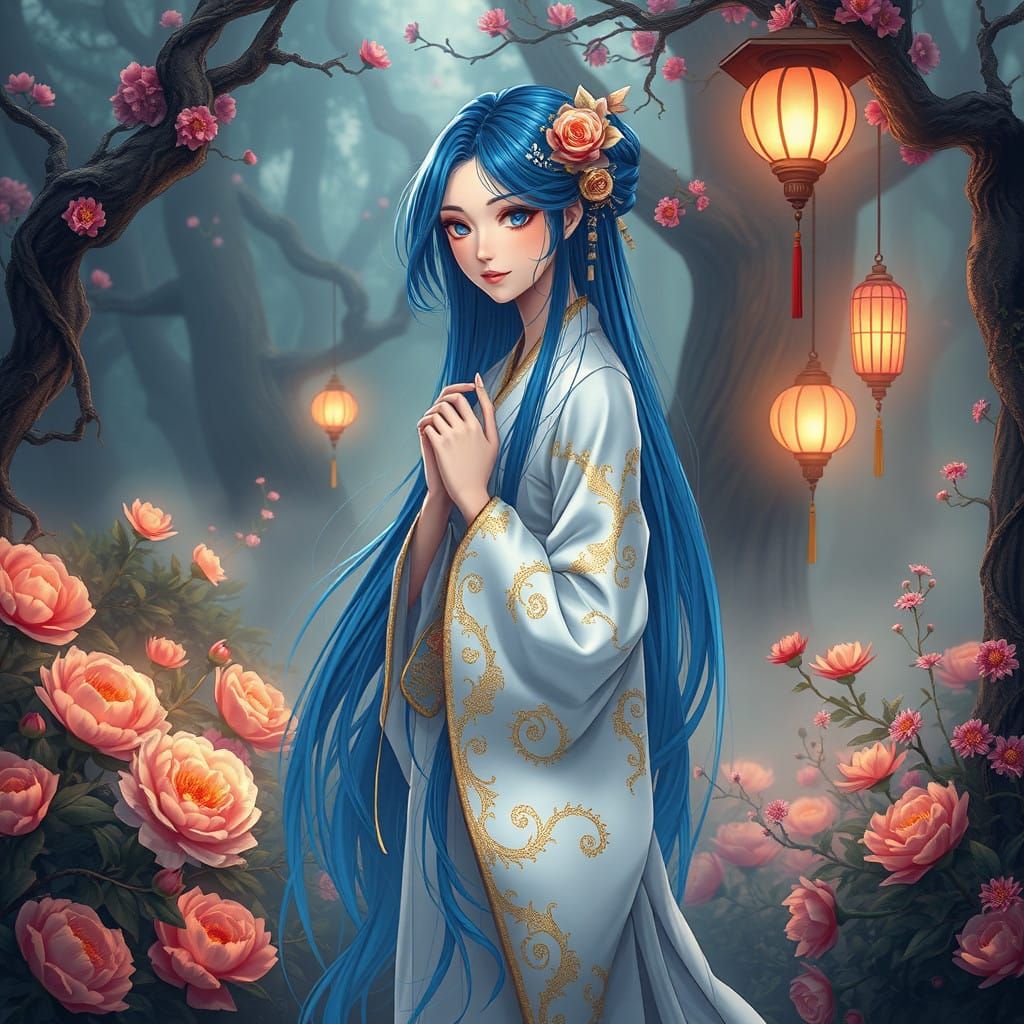 Surreal Anime Maiden in Mystical Garden with Celestial Water...