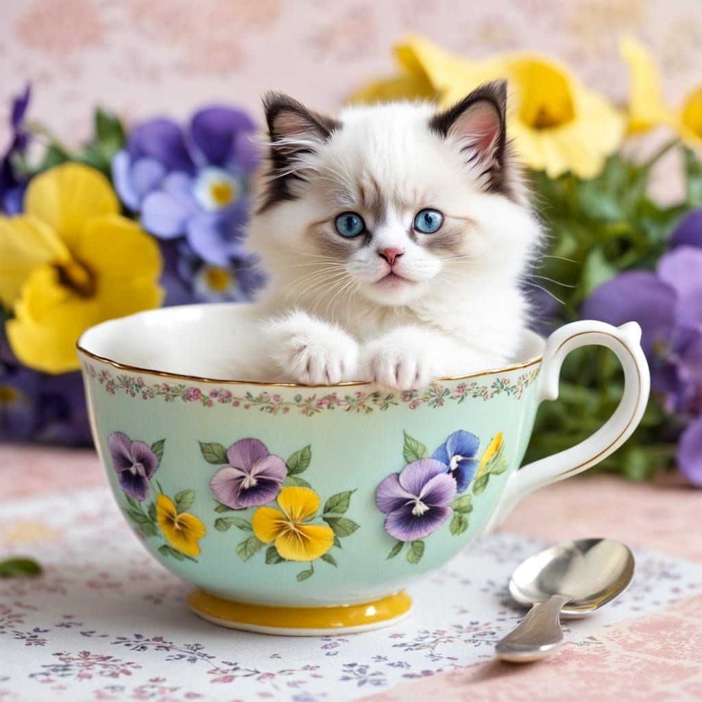 Cute Ragdoll Kitten in Vintage Teacup with Pansies