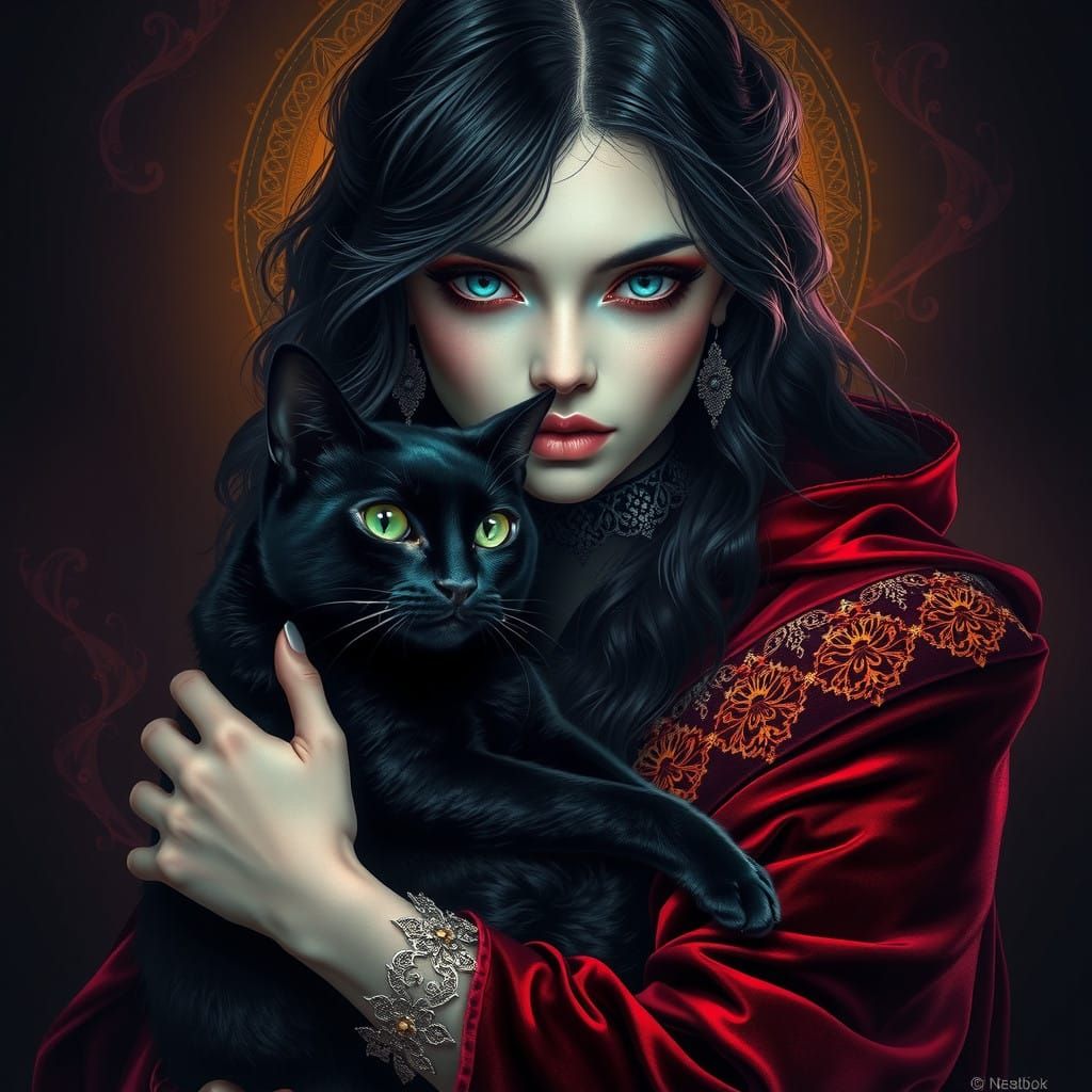Dark Fantasy Gothic Goddess with Enchanted Feline Companion