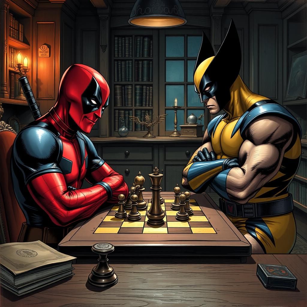 Deadpool and Wolverine Chess Match Comic Illustration