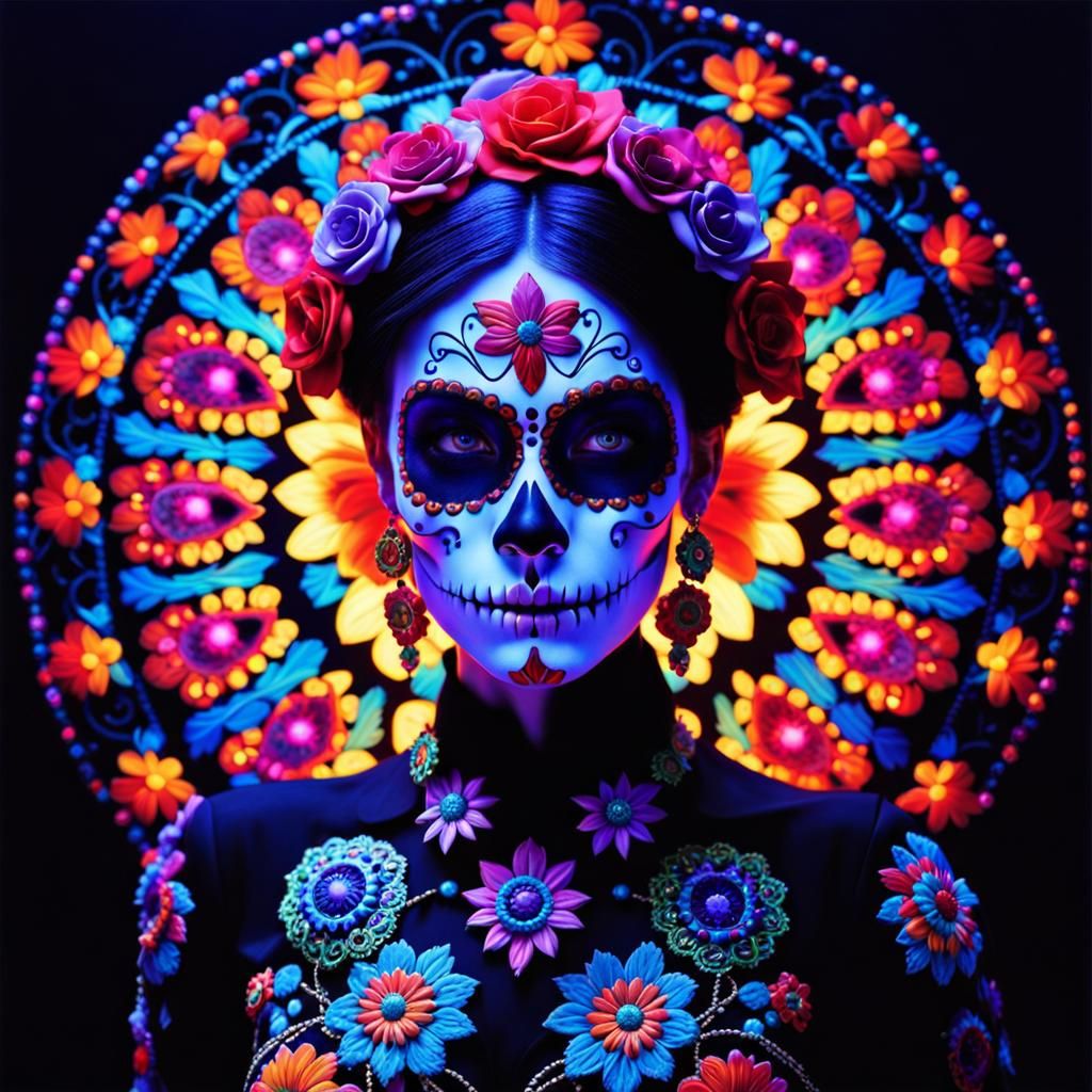 Day of the Dead Sugar Skull Woman in Blacklight