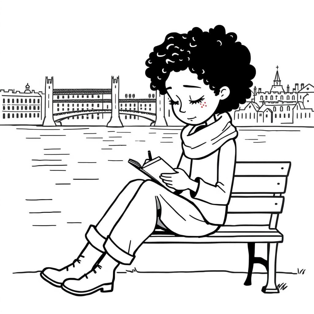 stick figure sitting by the river on a bench...