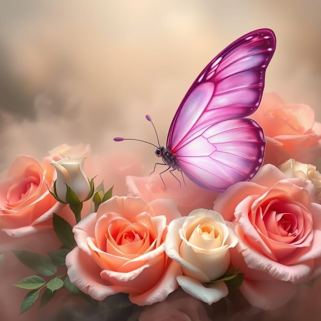 Pink Butterfly Amidst Roses in Ethereal Mist