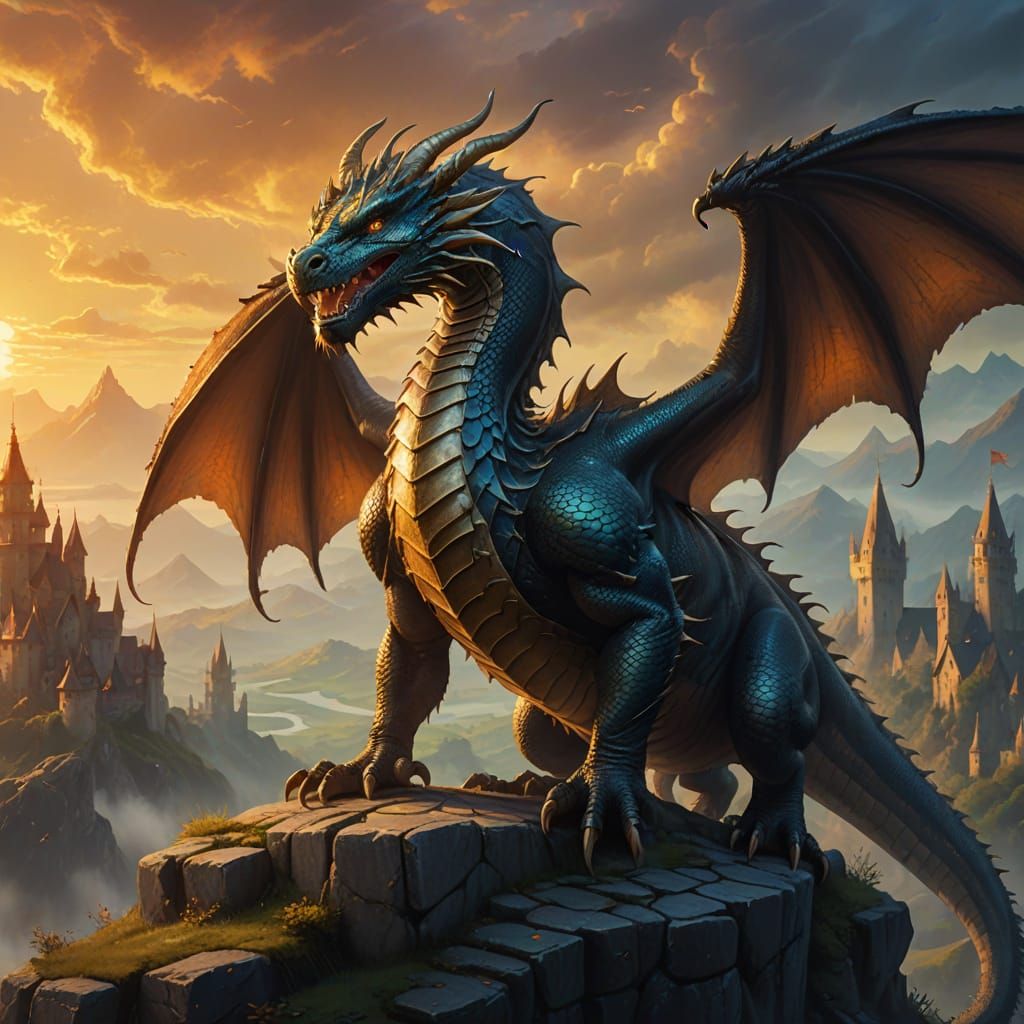 Fantasy Dragon Perched Atop Misty Medieval Castle