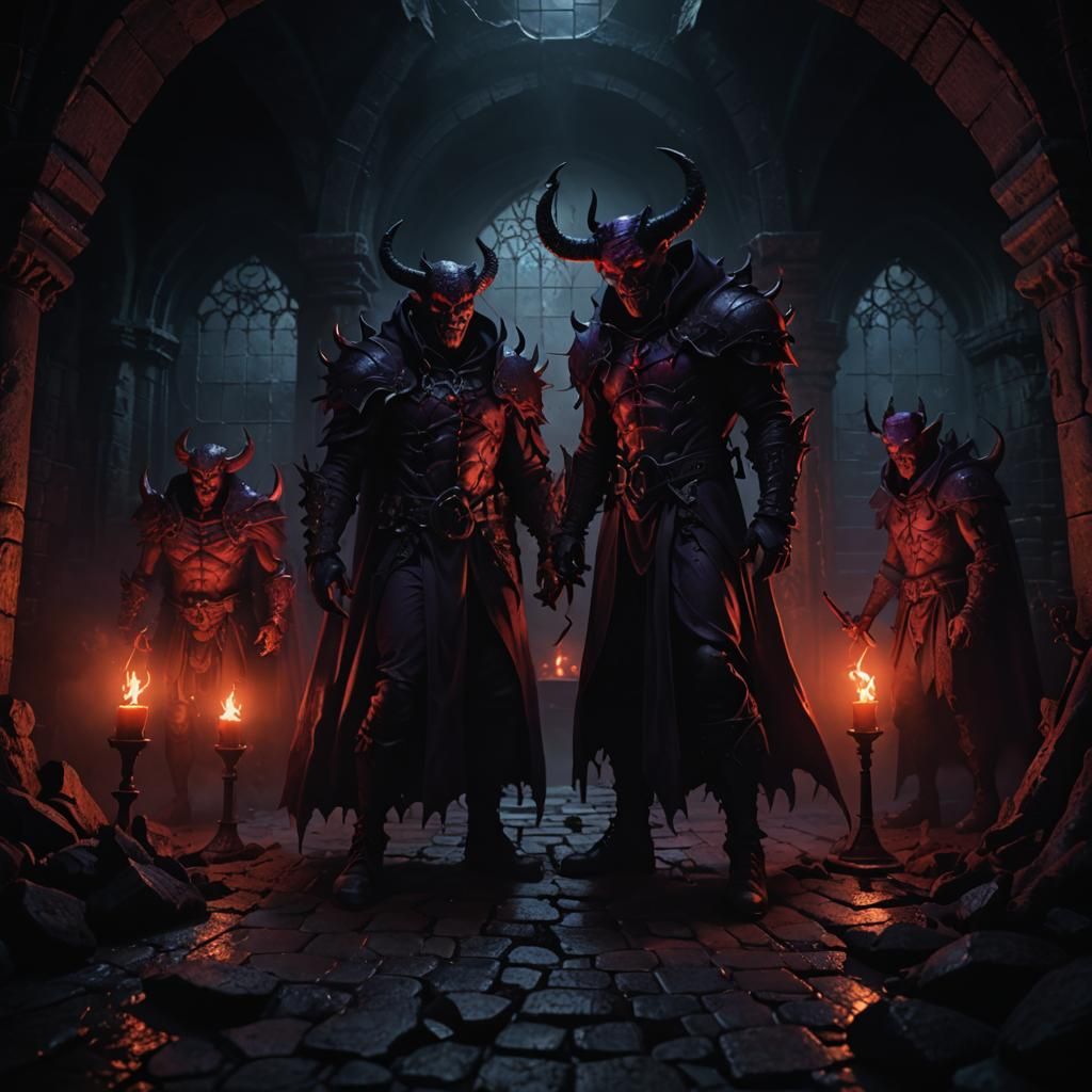 Eerie Devil and Henchmen in Gothic Dungeon