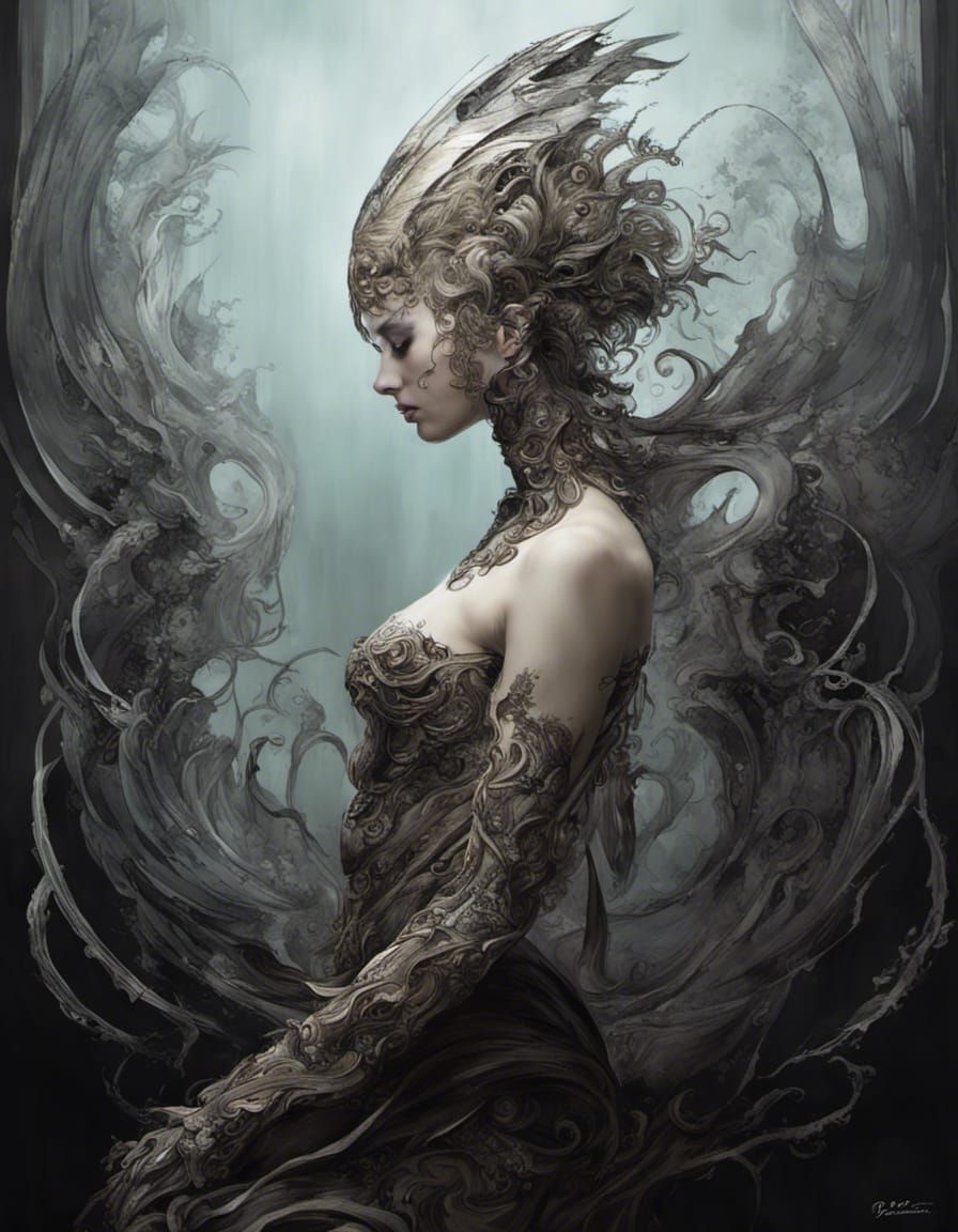 Fantasy world with beautiful woman, flowing gown, tendrils.