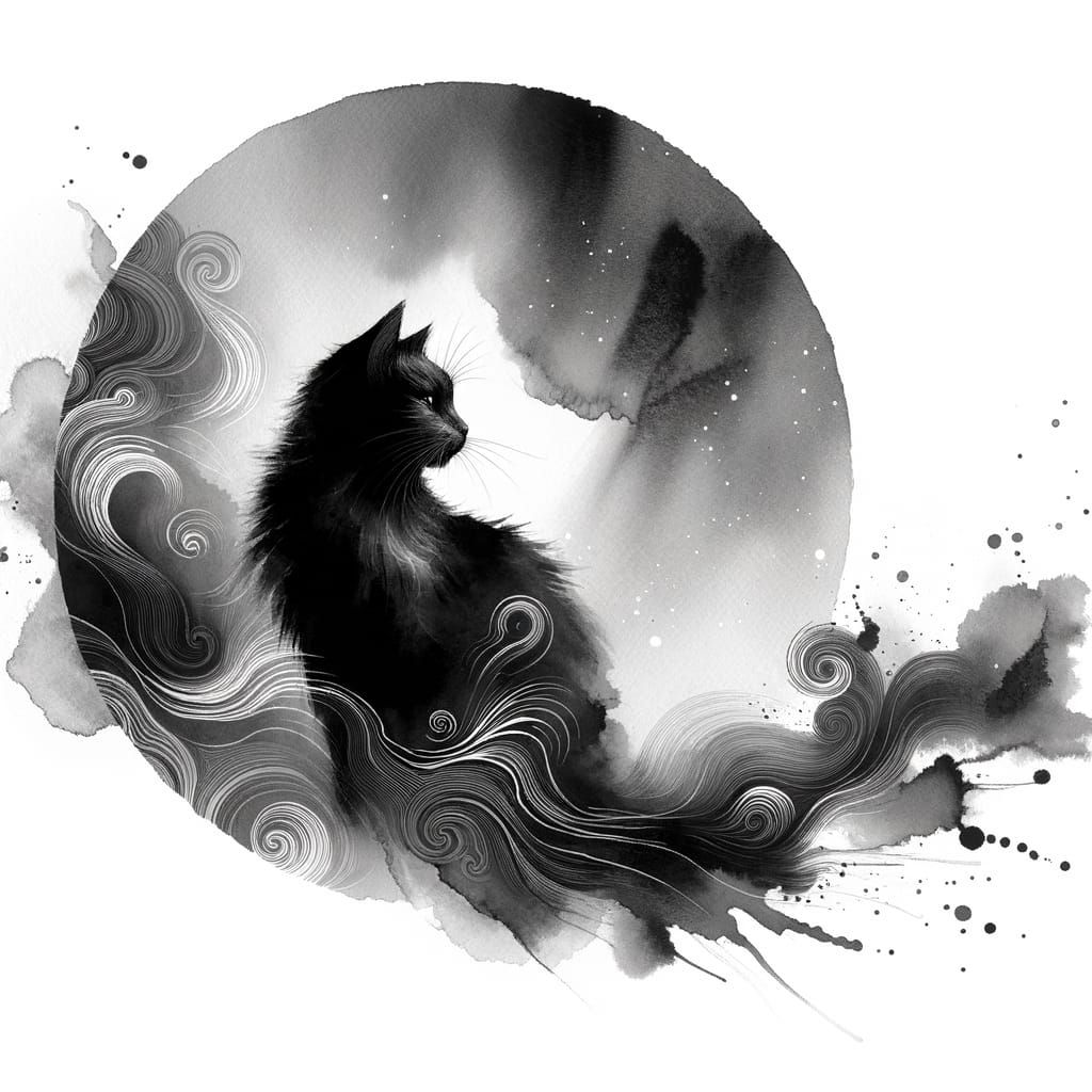 Celestial Ink: Black Cat in Asian Watercolor Style