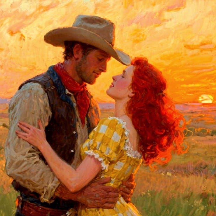 Cowboy and Woman Embrace in Prairie Sunset Painting