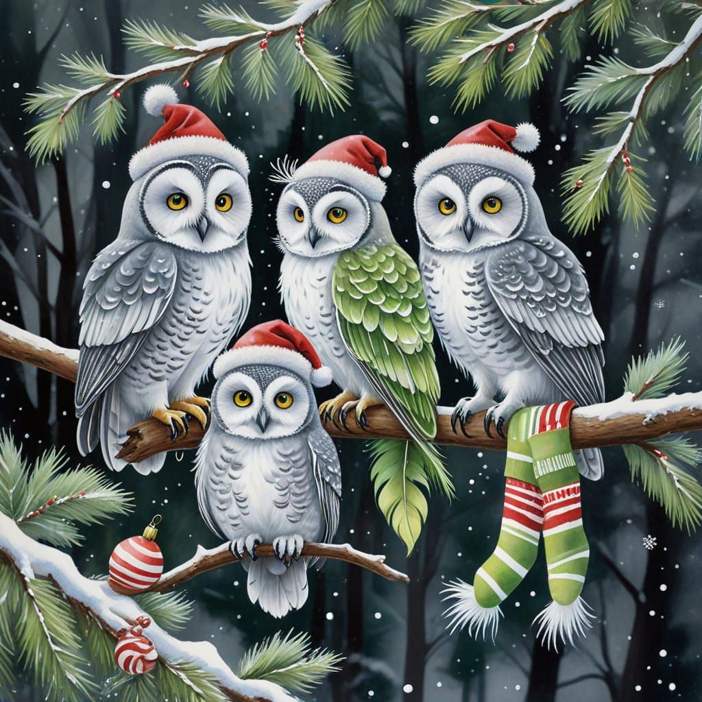 Whimsical Christmas Owls in Watercolor Style