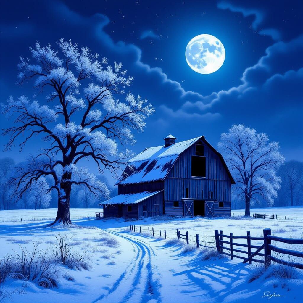Ethereal Winter Barn Under Full Moon Night