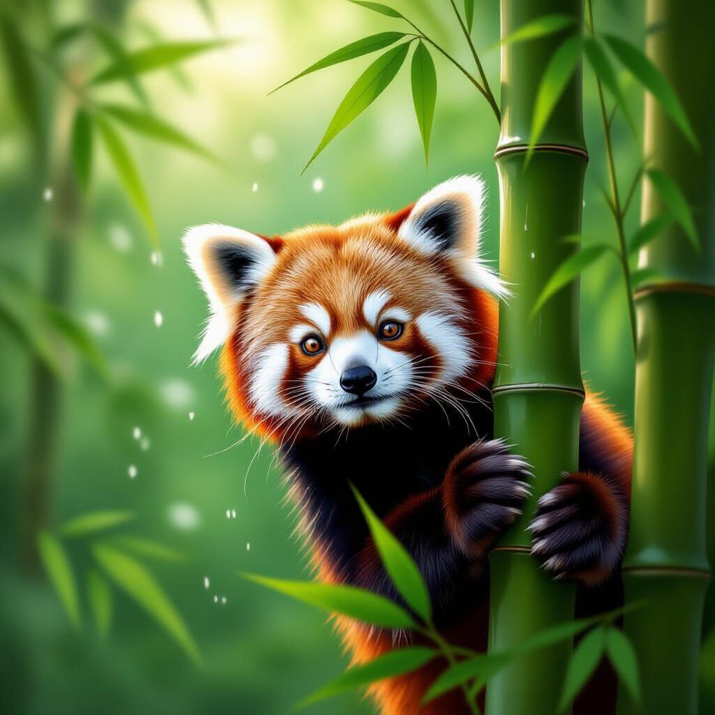 Playful Red Panda in Lush Bamboo Forest