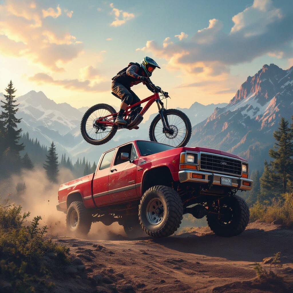 Mountain Biker Jumps Pickup Truck in Epic Concept Art