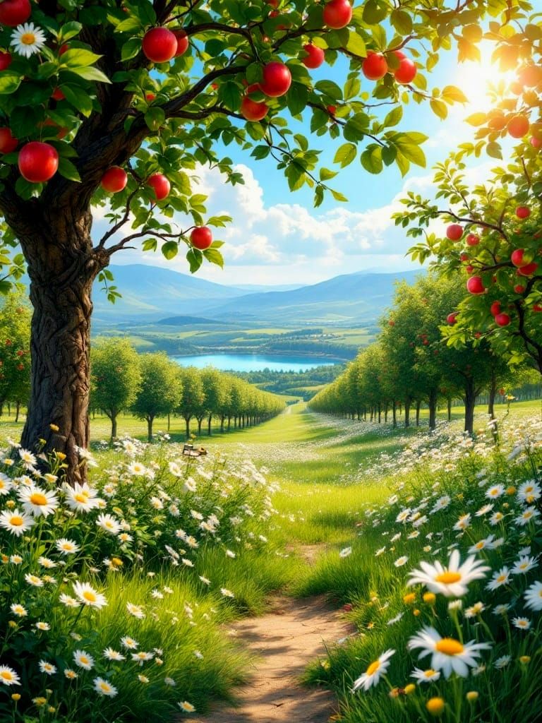 Vibrant Orchard with Apple Trees and Blue Lake in the Distan...
