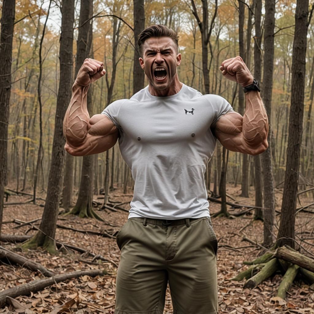 Hypermuscular Jock Flexing Biceps in the Woods