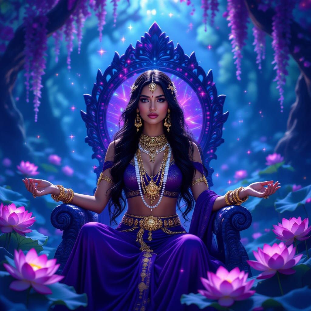 Ethereal Indian Woman on Amethyst Throne in Fantasy Forest