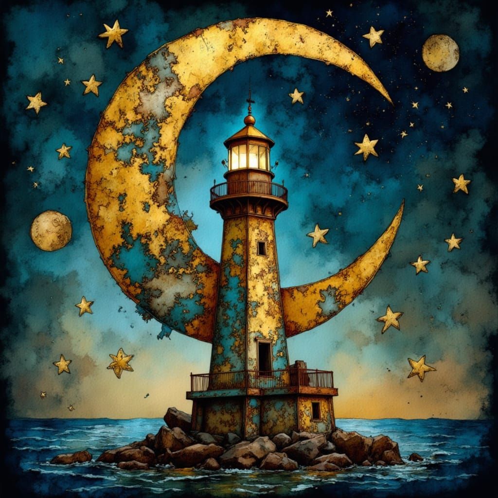 Steampunk Crescent Moon Double Exposure Art