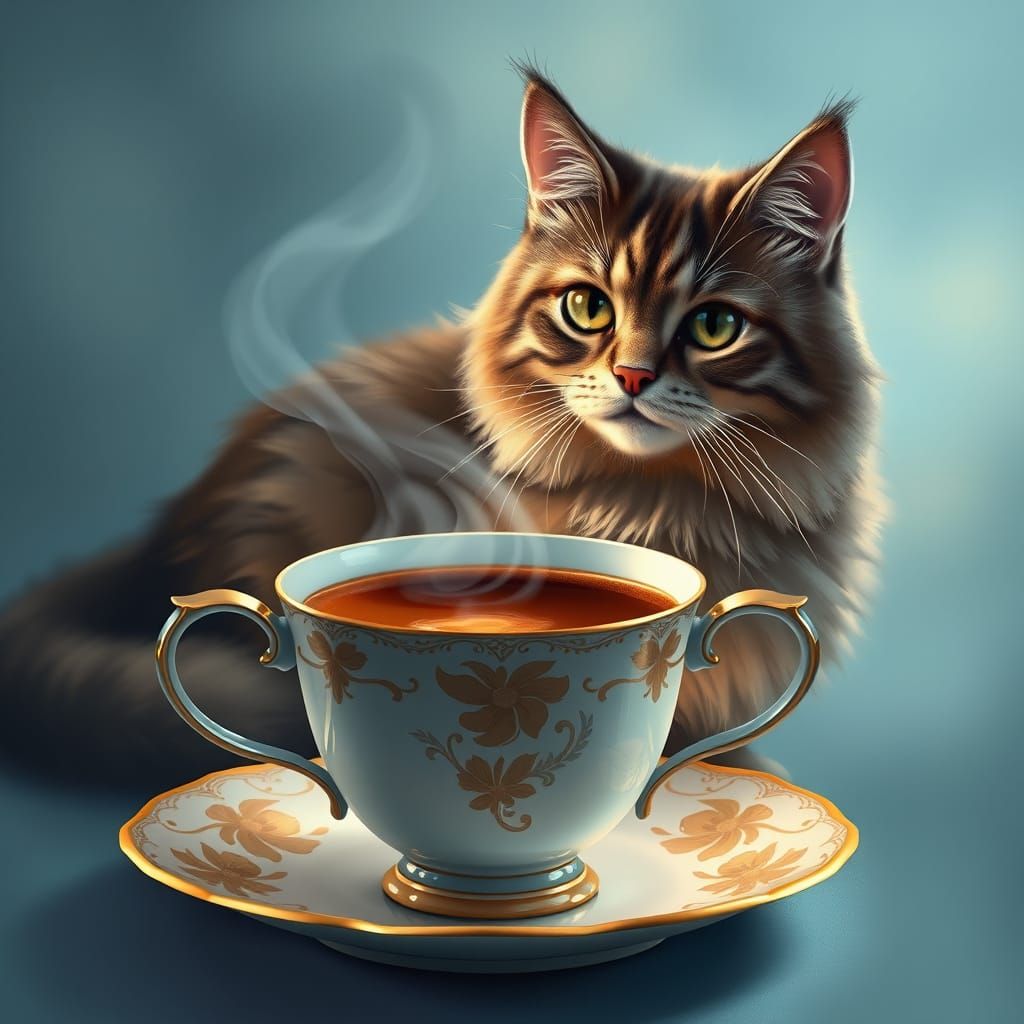 Majestic Cat Sips Coffee in Dreamlike Atmosphere