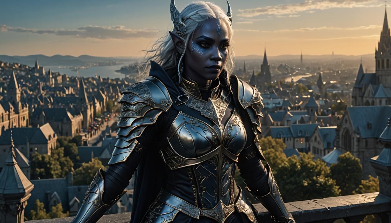 Drow Warrior in Dusk Cityscape: Digital Art