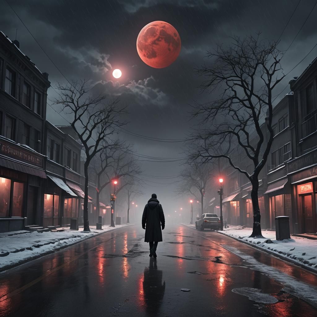 Eerie Blood Moon Over Foggy Street: 3D Render
