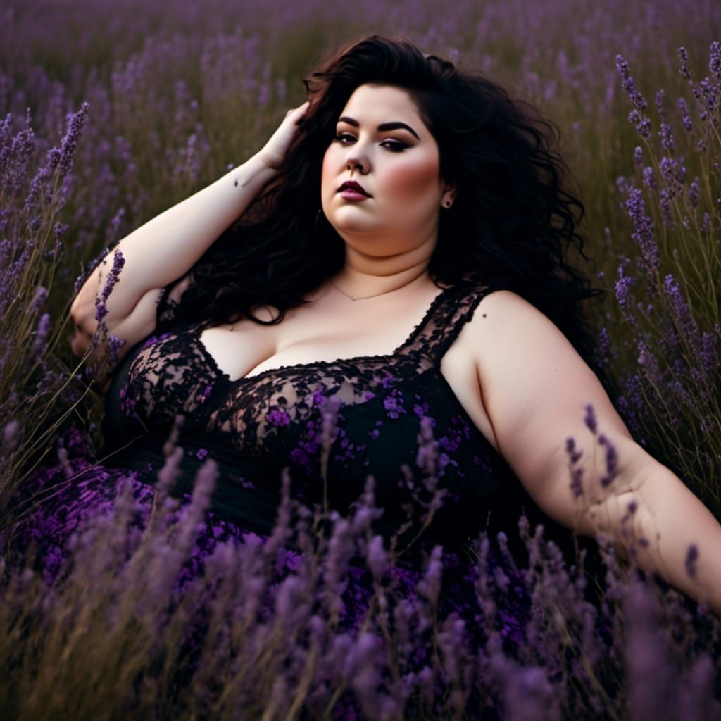 Curvy Woman in Lavender Field with Gothic Beauty
