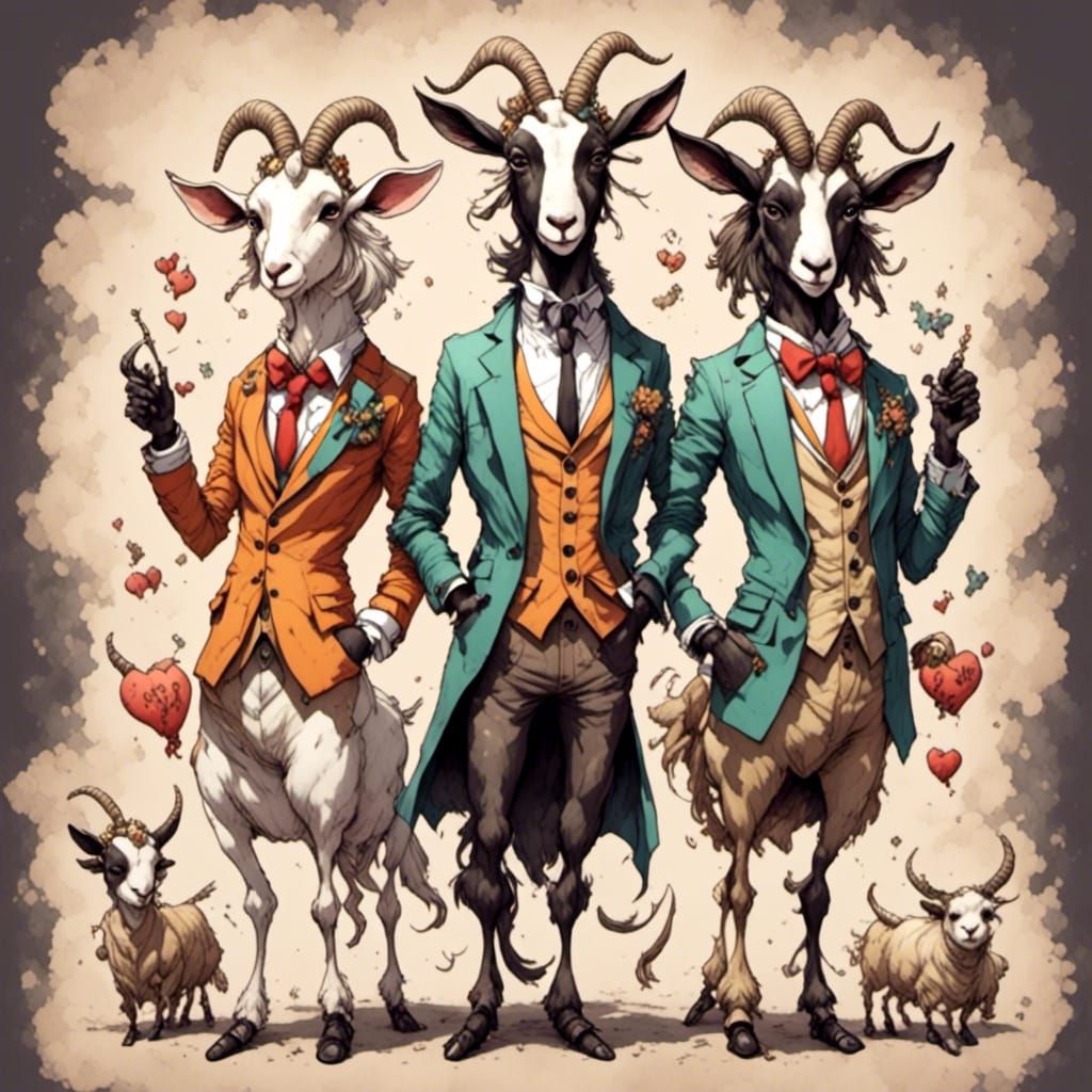 Three Goats in Costume: Humorous Cartoon Art