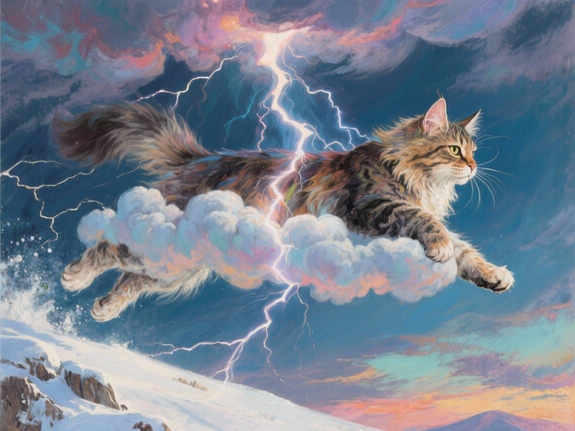 Majestic Cloud Cat Leaps Through Stormy Sky