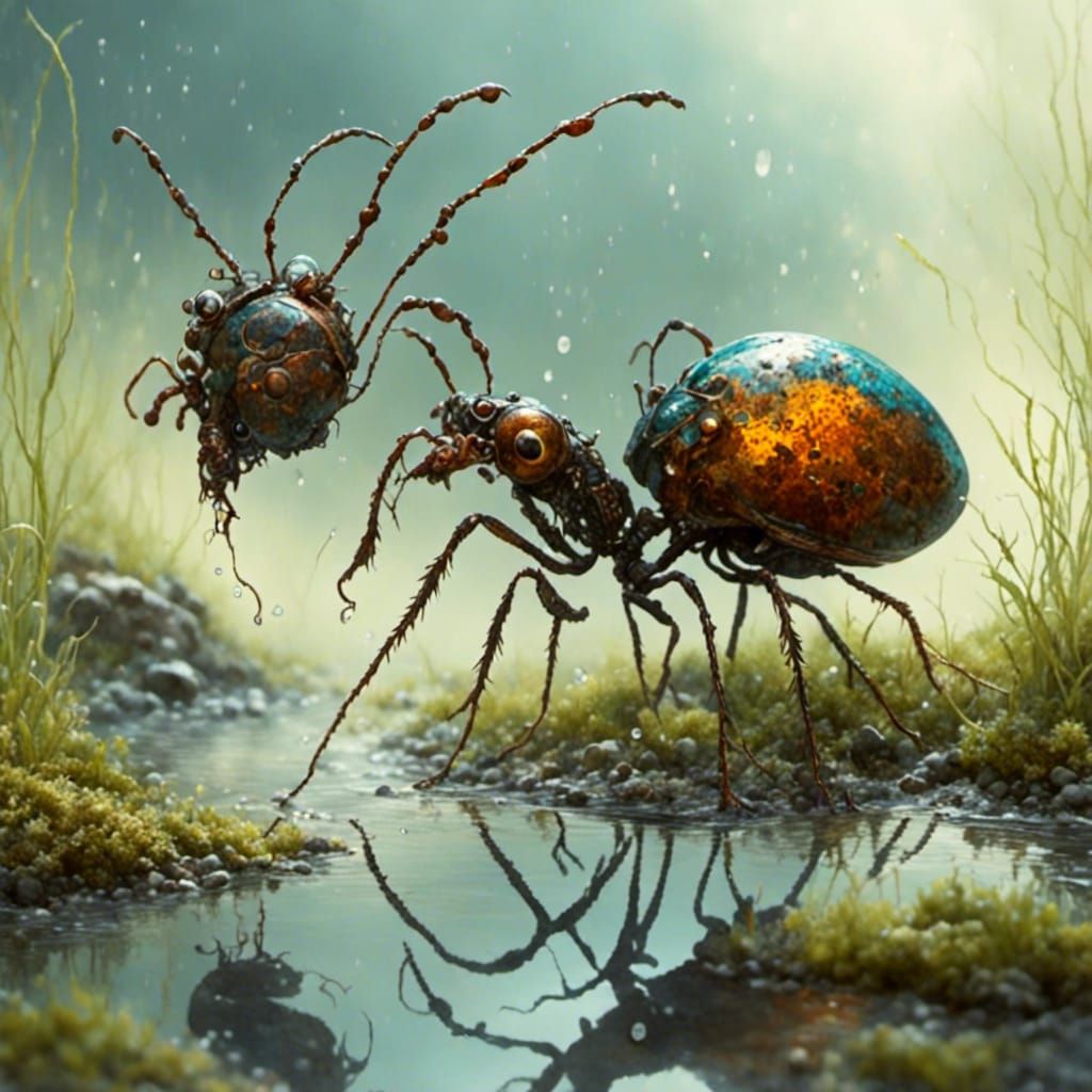 Ant's Perilous Journey: Hyperreal Romantic Watercolor
