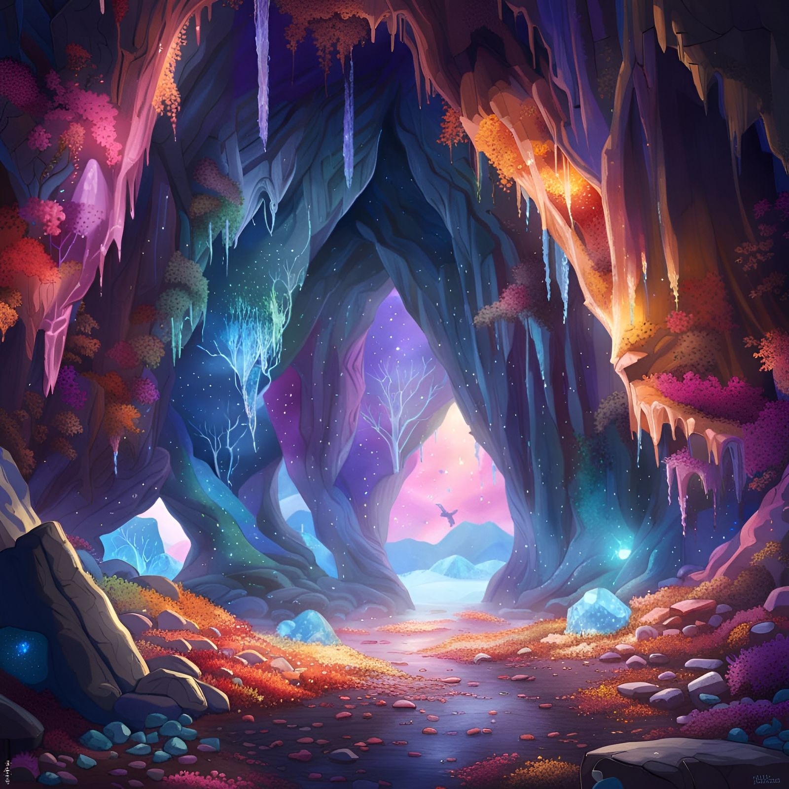 Sparkling Crystal Cave: Dreamlike Anime CGI Art