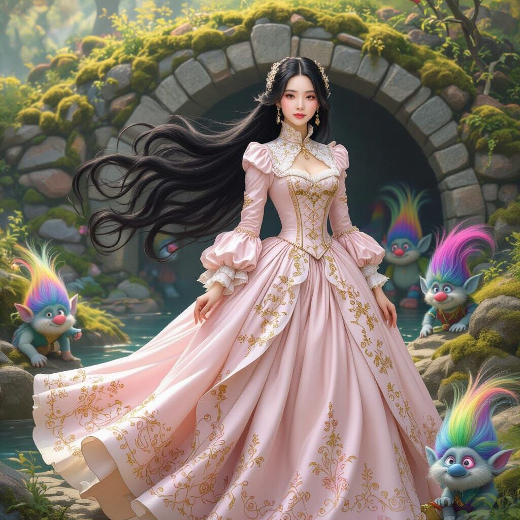 Asian Woman in Rococo Gown with Trolls, Fantasy Art