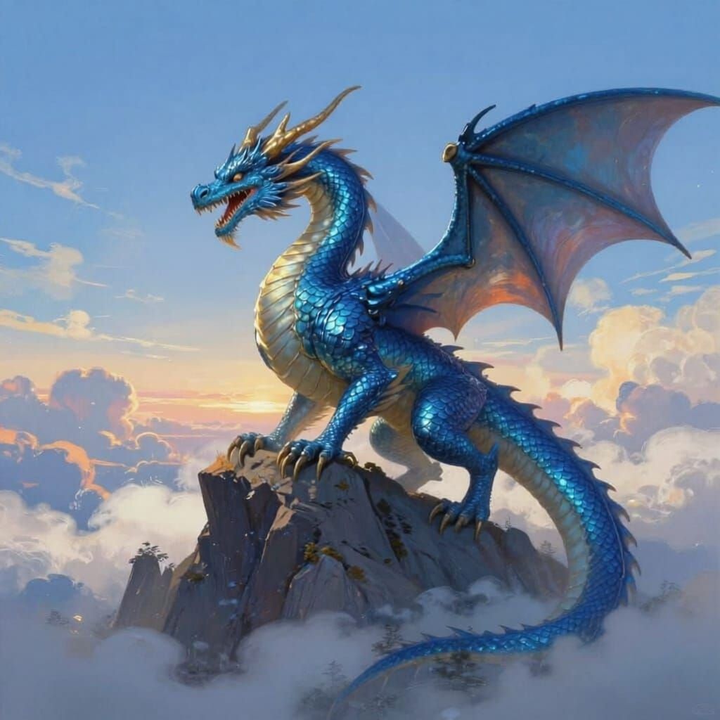 Sky-Blue Dragon Holds Fish Mid-Flight