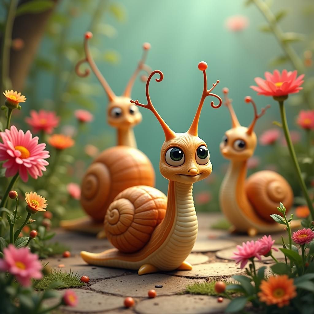 Playful Snails in Vibrant Garden, Cartoon Style