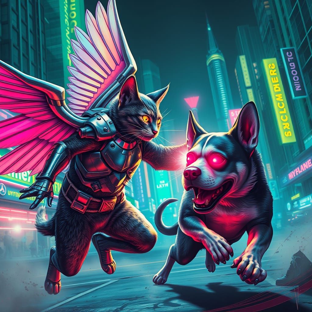 Armored Winged Cat Battles Super Dog in Cyberpunk City