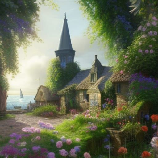 Victorian Seaside Village with Flower Garden