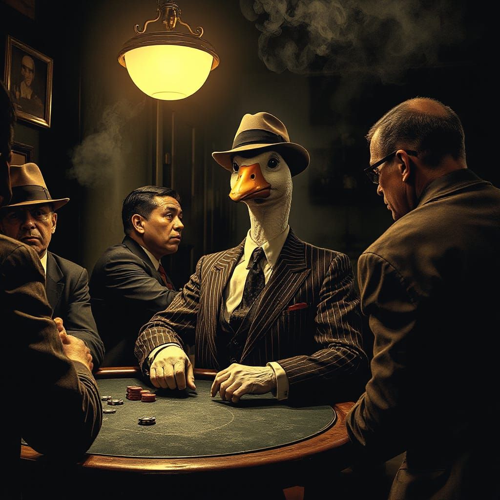 Sleek Noir Goose Plays High Stakes Poker in Smoky Speakeasy